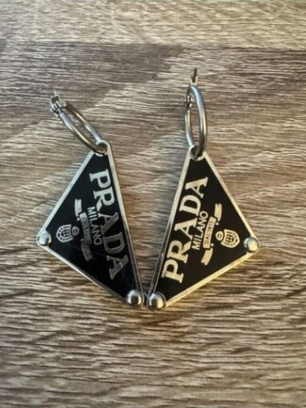 Upcycled Prada Black and Silver Tone Metal Triangle Logo Drop Earrings